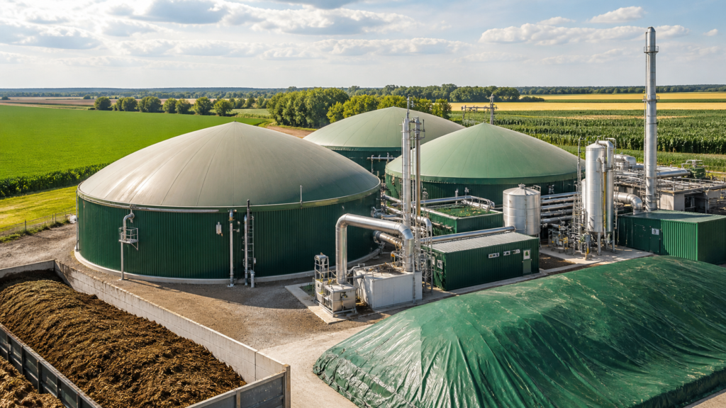 Ilustrasi original kompleks biogas modern di area pertanian untuk berita biomassa